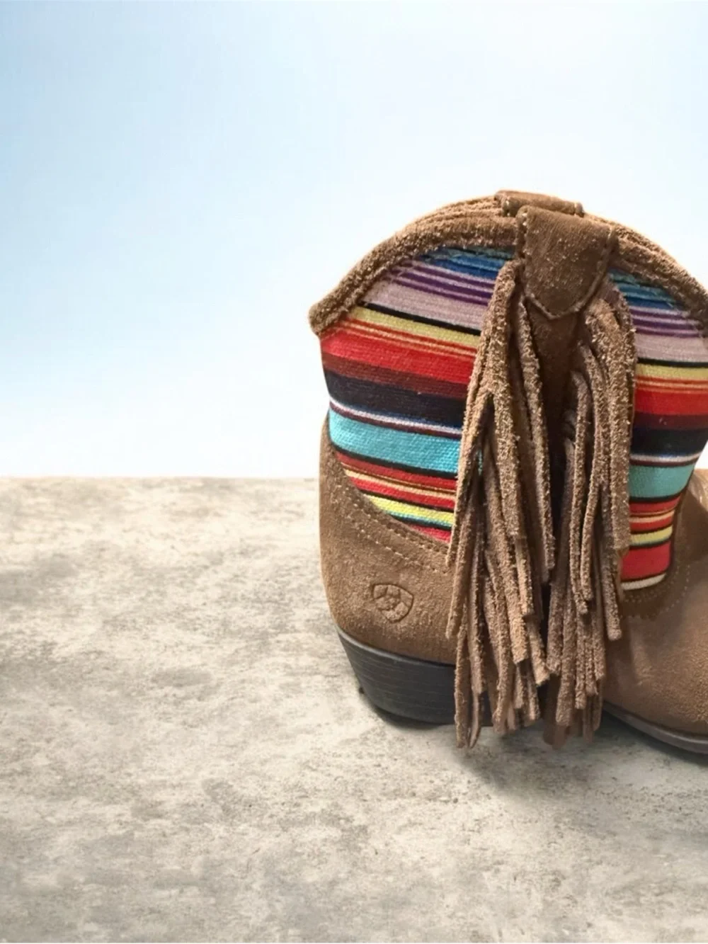 Ariat Brown Suede Fringe Ankle Boots with Multicolor Stripe Detail size 2